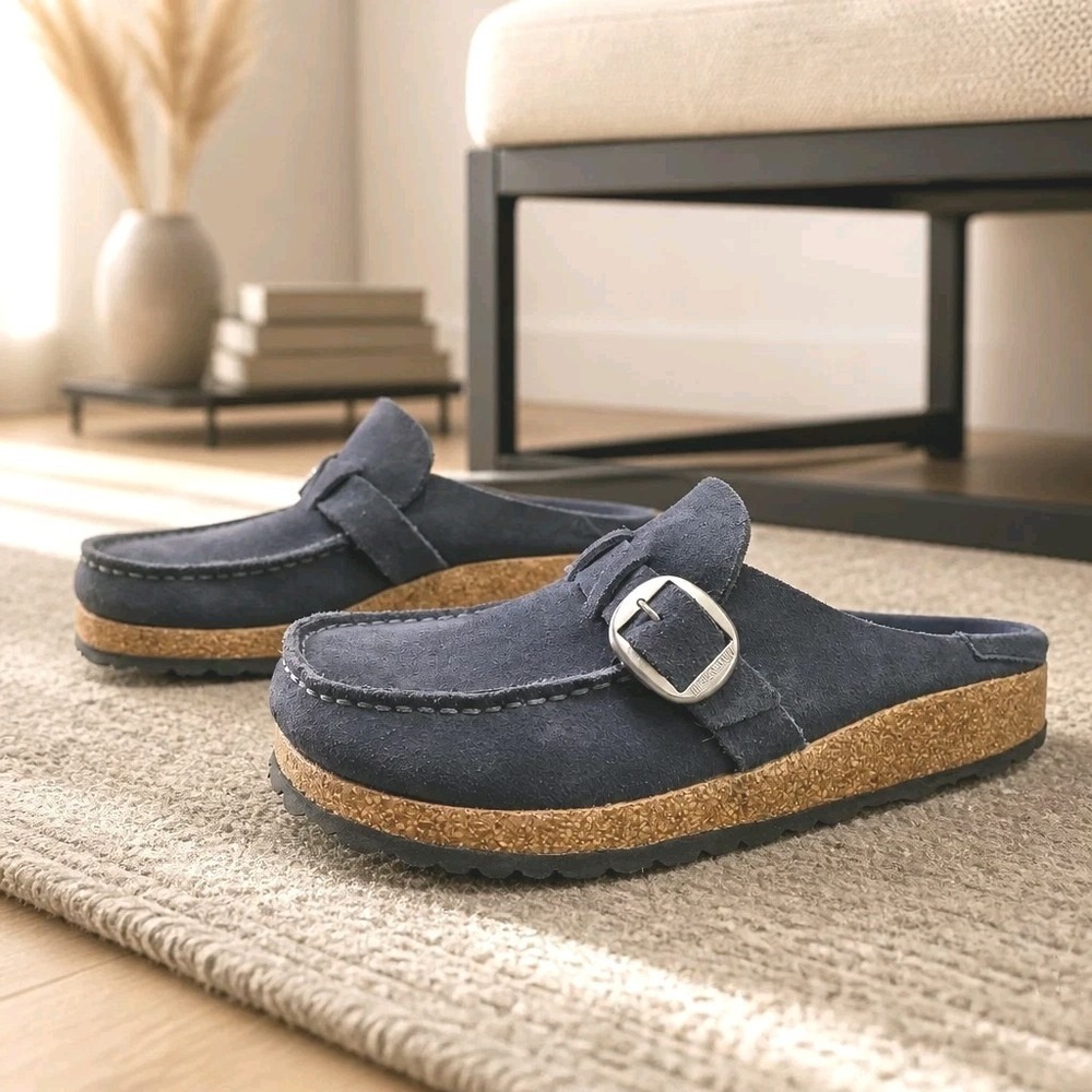 Birkenstock Buckley Blue Grey Suede Clog Cork Shoes Women's Size EU 37 / US 6